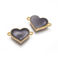 1 τεμ, 18x12 χλστ, Ορείχαλκος με Σμάλτο, Καρδιά, 2 Συνδέσμους, Χρυσή Βάση, Μαύρο