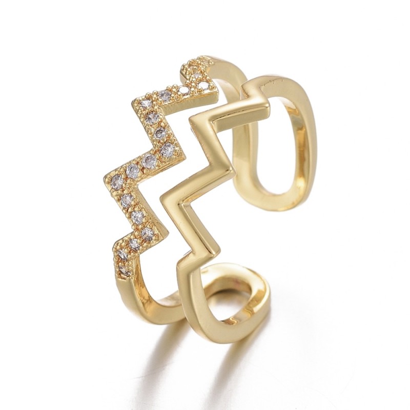 1 τεμ, 17.5 χλστ εσωτ. διαμετρος, Επίχρυσο Δαχτυλίδι με 18Κ Χρυσό και Ζιρκόν, Κύματα, Διπλό, Ρυθμιζόμενο, Χρυσό