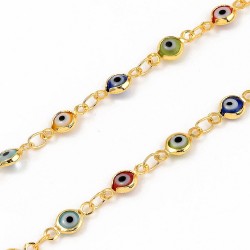 76 εκατ, 10x5x2 χλστ μάτι, 304 Ανοξείδωτο Ατσάλι, Χειροποίητη Αλυσίδα με Γυάλινα Ματάκια, Χρυσό Βάση, Πολύχρωμα