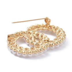 1 τεμ, 42x38 χλστ, Ορείχαλκος, Καρφίτσα με Πέρλες και Διαμαντάκια, Διπλός Κυκλος, Χρυσό