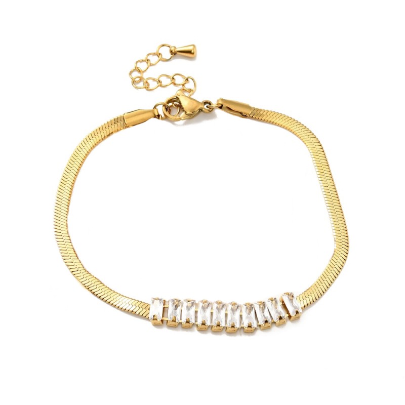 18 εκατ, 6 χλστ πλάτος, 304 Ανοξείδωτο Ατσάλι, Φιδίσια Αλυσίδα με Ορθογώνια Ριβιέρα Ζιρκόν, Αλυσίδα Χεριού με Προέκταση, Χρυσή