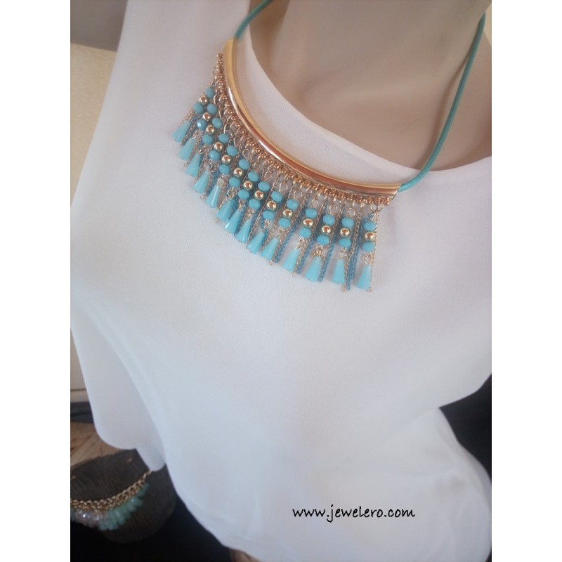 Κολιέ απο Κυρτό Σωλήνα με κρίκου, Αλυσίδες,  Ακρυλικές Χάντρες και Θαλασσί κορδόνι,  45 εκατ. μήκος λαιμού, Θαλασσί-Χρυσό