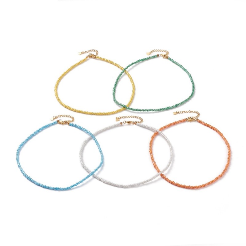 37 εκ, 4 χλστ πλάτος Χάντρα, Κολίε απο Γυάλινες Χάντρες Σπόρος με Στοιχεία απο 304 Ανοξείδωτο Ατσάλι, Επιλογή Χρώματος