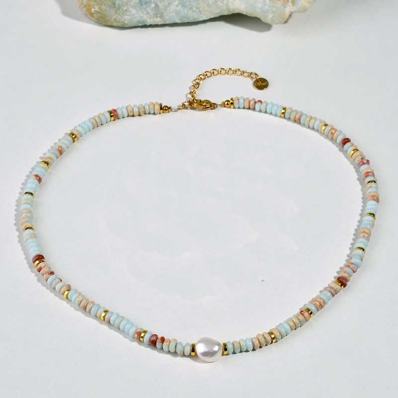 38 εκ, Χειροποίητο Κολιέ από Φυσικές Πέτρες Shoushan, Μαργαριτάρι Γλυκού Νερού και Ατσάλι, Ημιπολύτιμοι Λίθοι (SUM-38SH-TU)