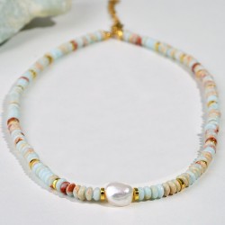 38 εκ, Χειροποίητο Κολιέ από Φυσικές Πέτρες Shoushan, Μαργαριτάρι Γλυκού Νερού και Ατσάλι, Ημιπολύτιμοι Λίθοι (SUM-38SH-TU)