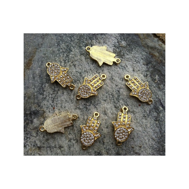 1 τεμ, 31x18 χλστ,  Κράμα με Κρύσταλλα, Χεράκι Hamsa με 2 Συνδέσμους, Χρυσό