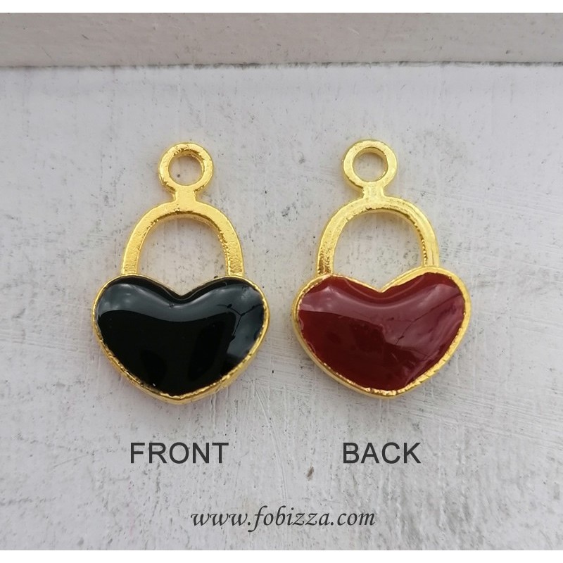1 τεμ, 18 χλστ, Χαλκός με Σμάλτο, Καρδιά Λουκετάκι, Χρυσή Βάση, Κόκκινο-Μαύρο