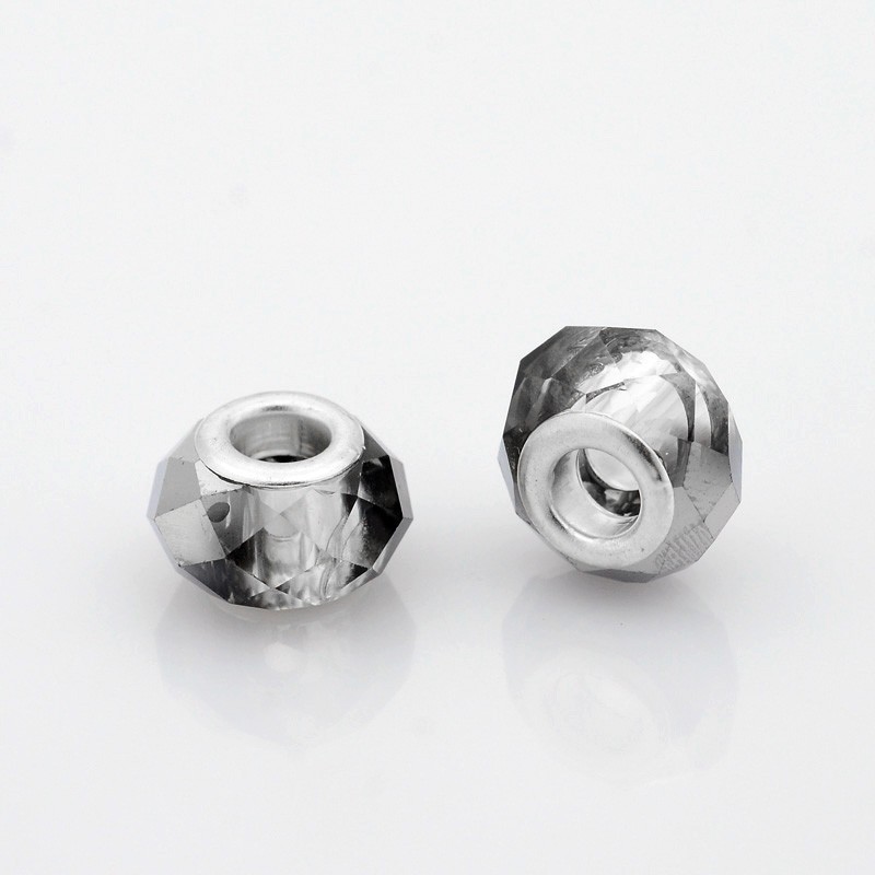 2 τεμ, 15 χλστ, Γυάλινες Χάντρες με Πινελιές, σε Ασημί Βάση, Διαφανές-Μαύρο