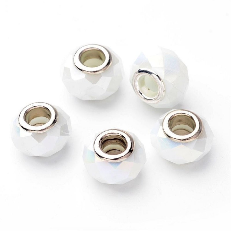 2 τεμ, 14 χλστ, Γυάλινες Χάντρες, Πολύγωνες με Ασημί Βάση, Λευκό