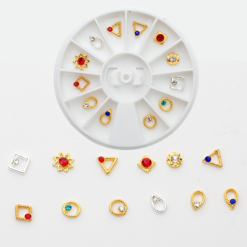 12 τεμ/Box, 6 χλστ, Μεταλλικά Διακοσμητικά με Διαμαντακι για DIY Τεχνητά Νύχια, Μικτό Σχήμα, Μικτό Χρώμα, Χρυσή Βάση