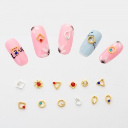 12 τεμ/Box, 6 χλστ, Μεταλλικά Διακοσμητικά με Διαμαντακι για DIY Τεχνητά Νύχια, Μικτό Σχήμα, Μικτό Χρώμα, Χρυσή Βάση