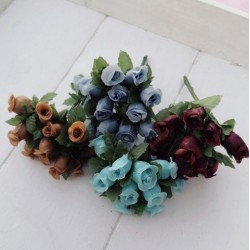 12 τεμ, 2 εκατ, Μπουκέτο με Τριαντάφυλλα, Λουλούδια απο Μετάξωτο Πανί, για DIY, σε Μπορντώ, Μελί, Γαλάζιο και Μπλέ Σταχτί
